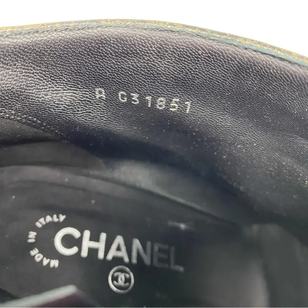 Chanel CC Logo Gold Black Leather Peep Toe Wedge Booties Size 38.5 w box